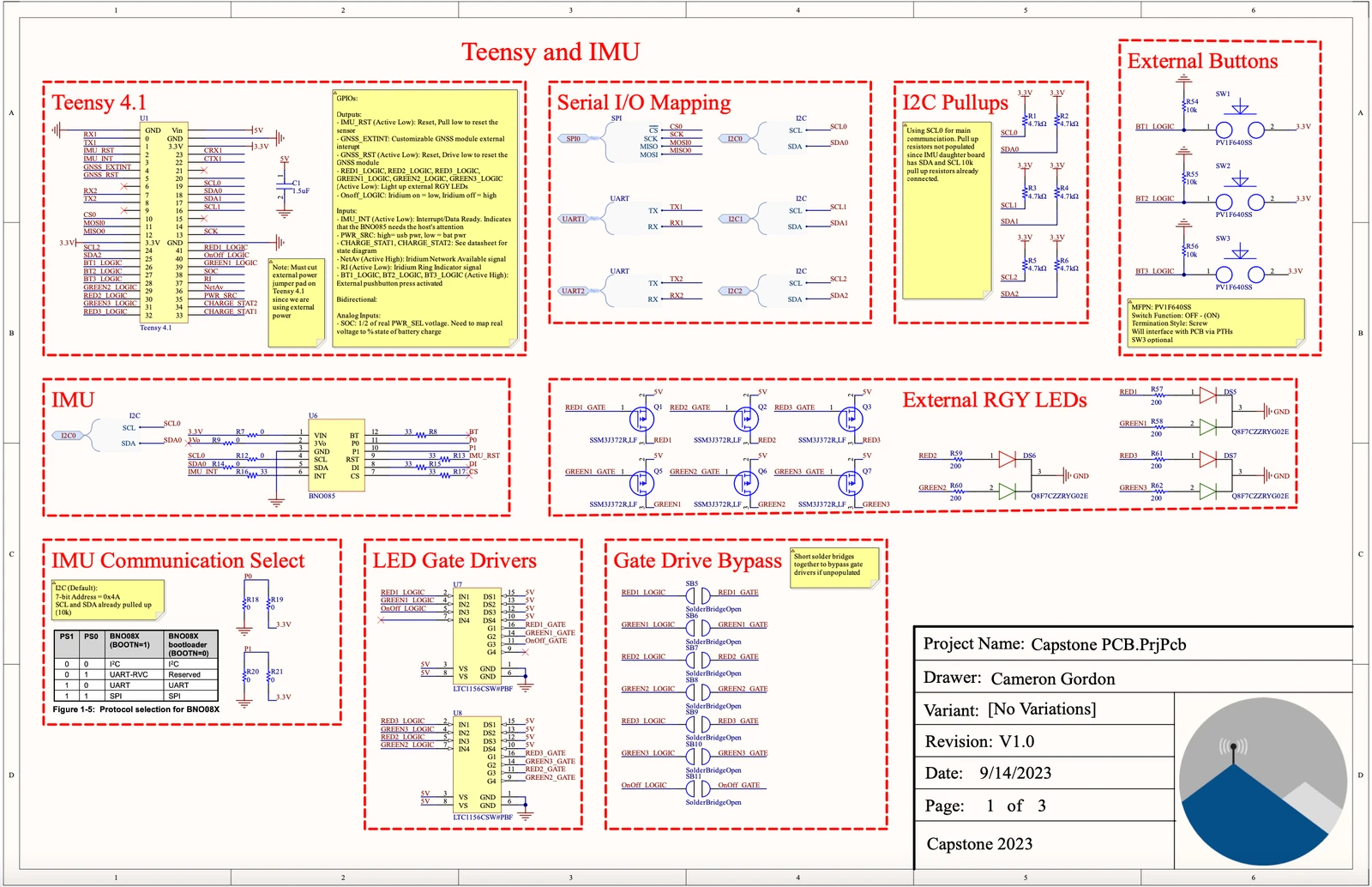 Schematic page 1 — MCU and communications