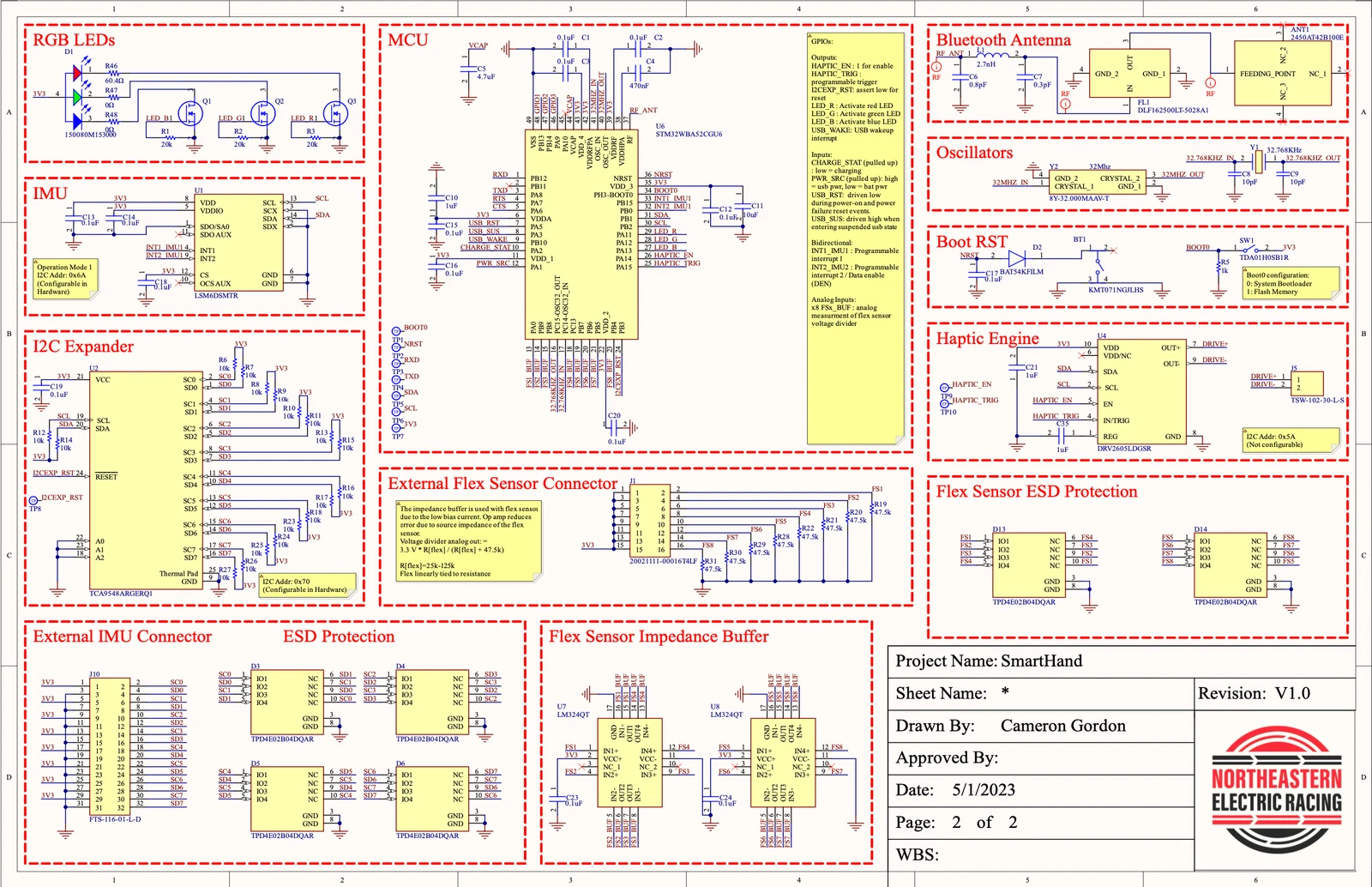 Schematic page 1 — MCU, radio, and sensors